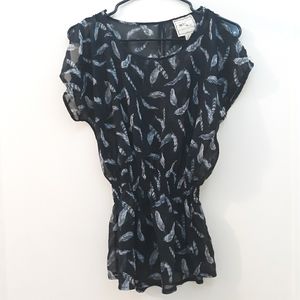 Pink Rose Black Feather Print Top